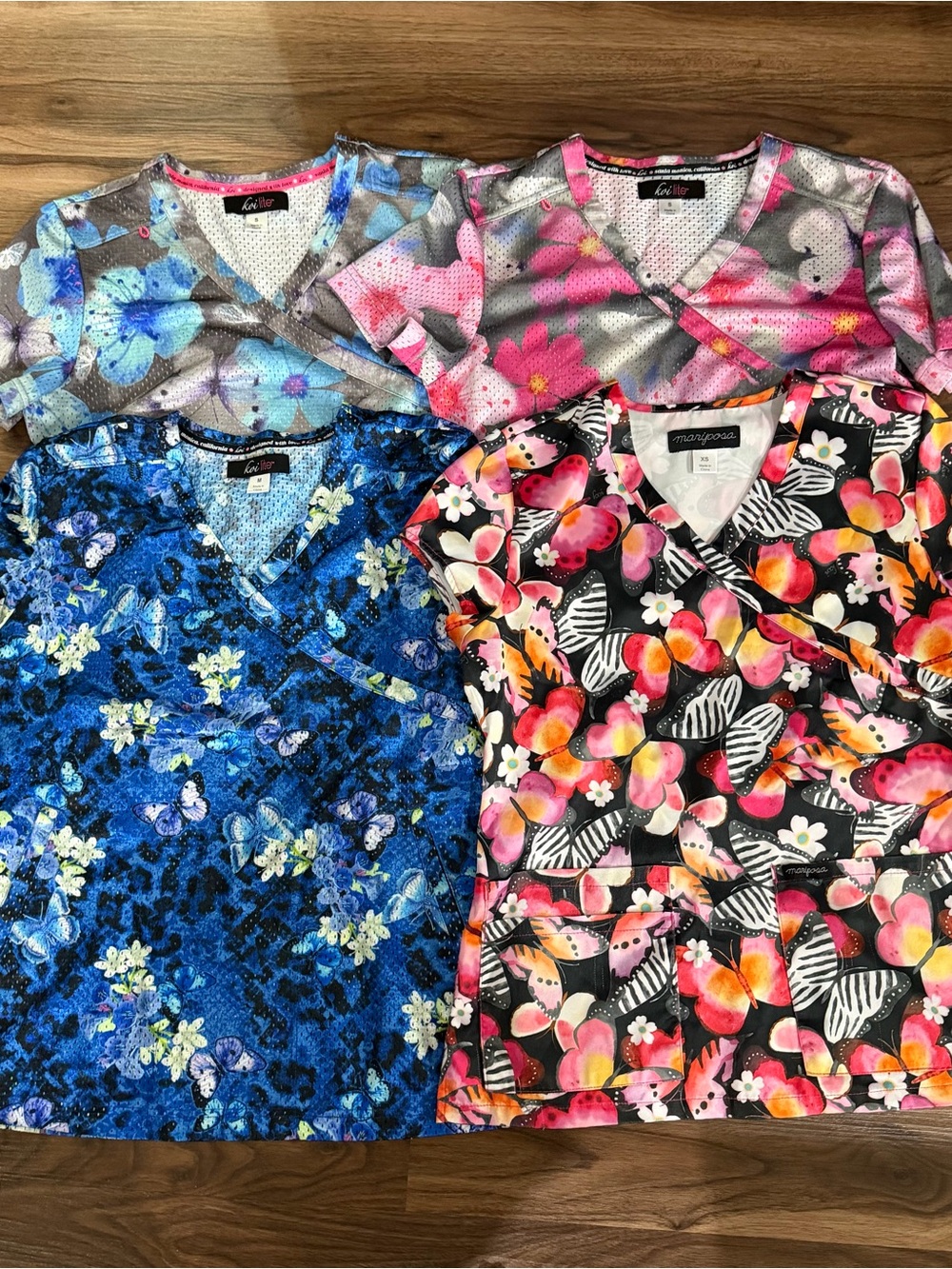 4 Floral V-Neck Scrub Tops in Pink, Blue, Black & Gray